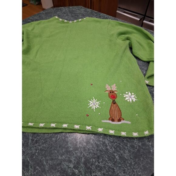 Quacker Factory Women’s 2x Christmas Sweater Green Santa Reindeer Embroidered - Picture 9 of 11
